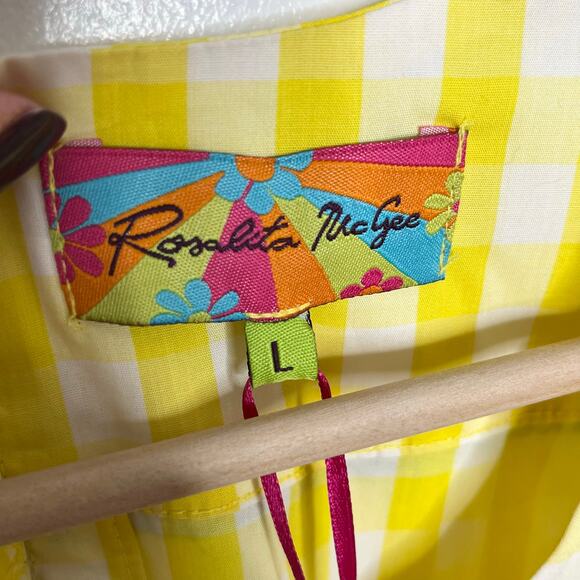 Rosalita McGee Womens Dress L Yellow Gingham Floral Embroidered Cotton Colorful - Picture 5 of 12